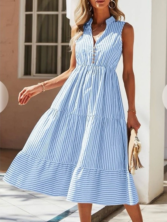 Dresses & Skirts - 0253. Sleeveless Blue Stripe Tiered Midi Dress